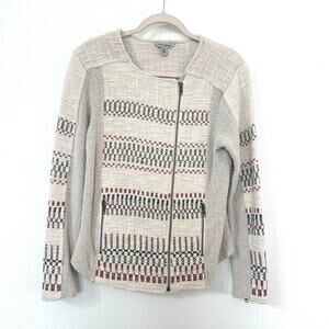 Lucky Brand Embroidered Zip Jacket Beige Boho Indie Textured Cotton M Vintage
